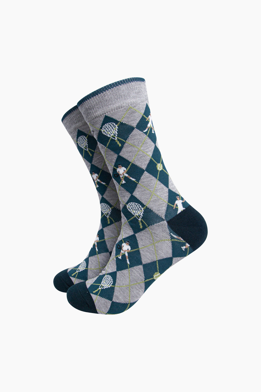 Tennis-Argyle-Men's-Bamboo-Socks-in-Grey-Marl/Green-On-Mannequin