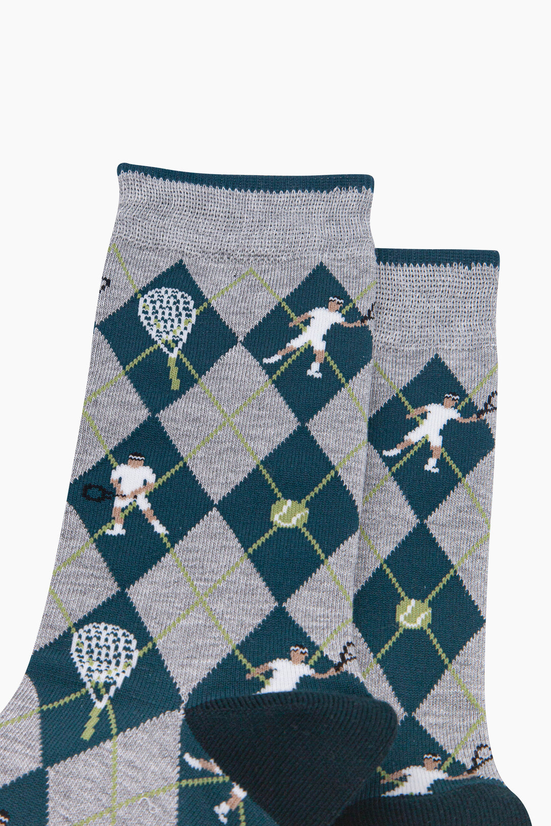 Tennis-Argyle-Men's-Bamboo-Socks-in-Grey-Marl/Green-Close-Up