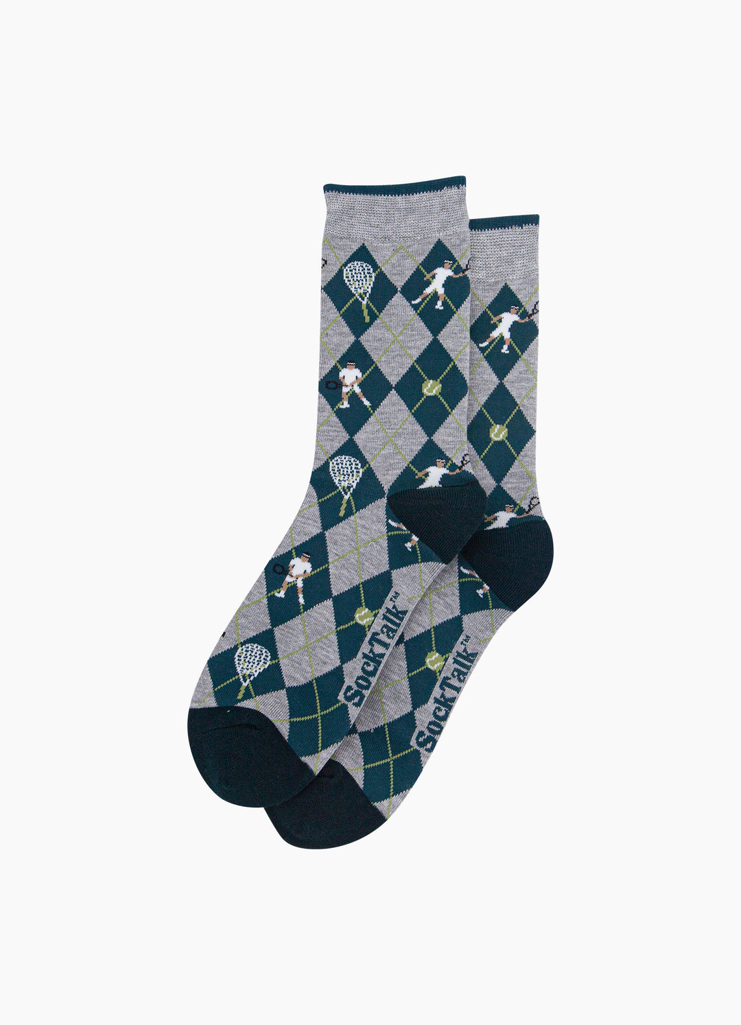 Tennis-Argyle-Men's-Bamboo-Socks-in-Grey-Marl/Green-Laid-Flat