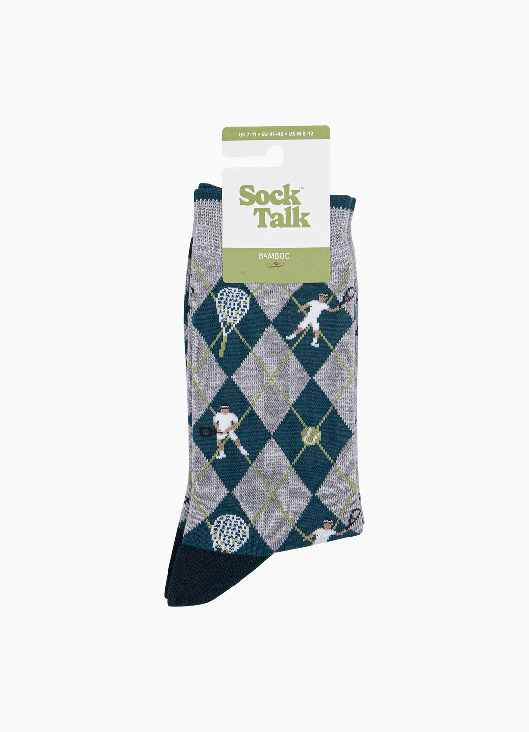 Tennis-Argyle-Men's-Bamboo-Socks-in-Grey-Marl/Green-In-Packaging