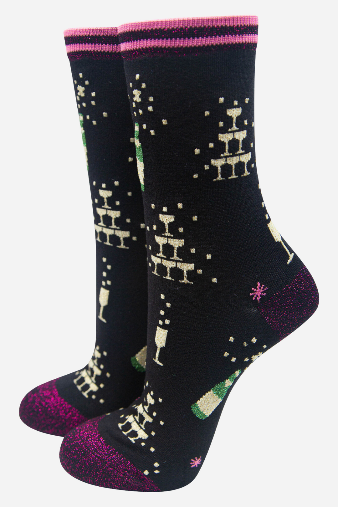 Women's Bamboo Christmas Socks Black Glitter Champange Cocktail Gift Set