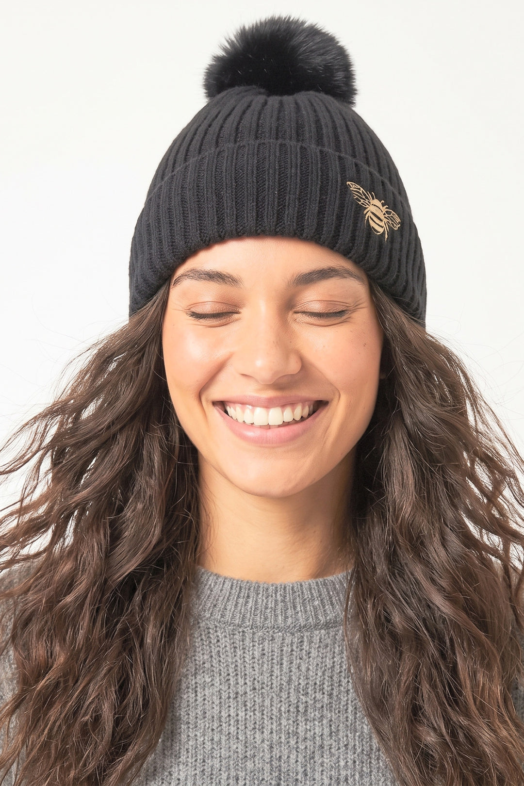 black-pom-pom-hat-embroidered-bee