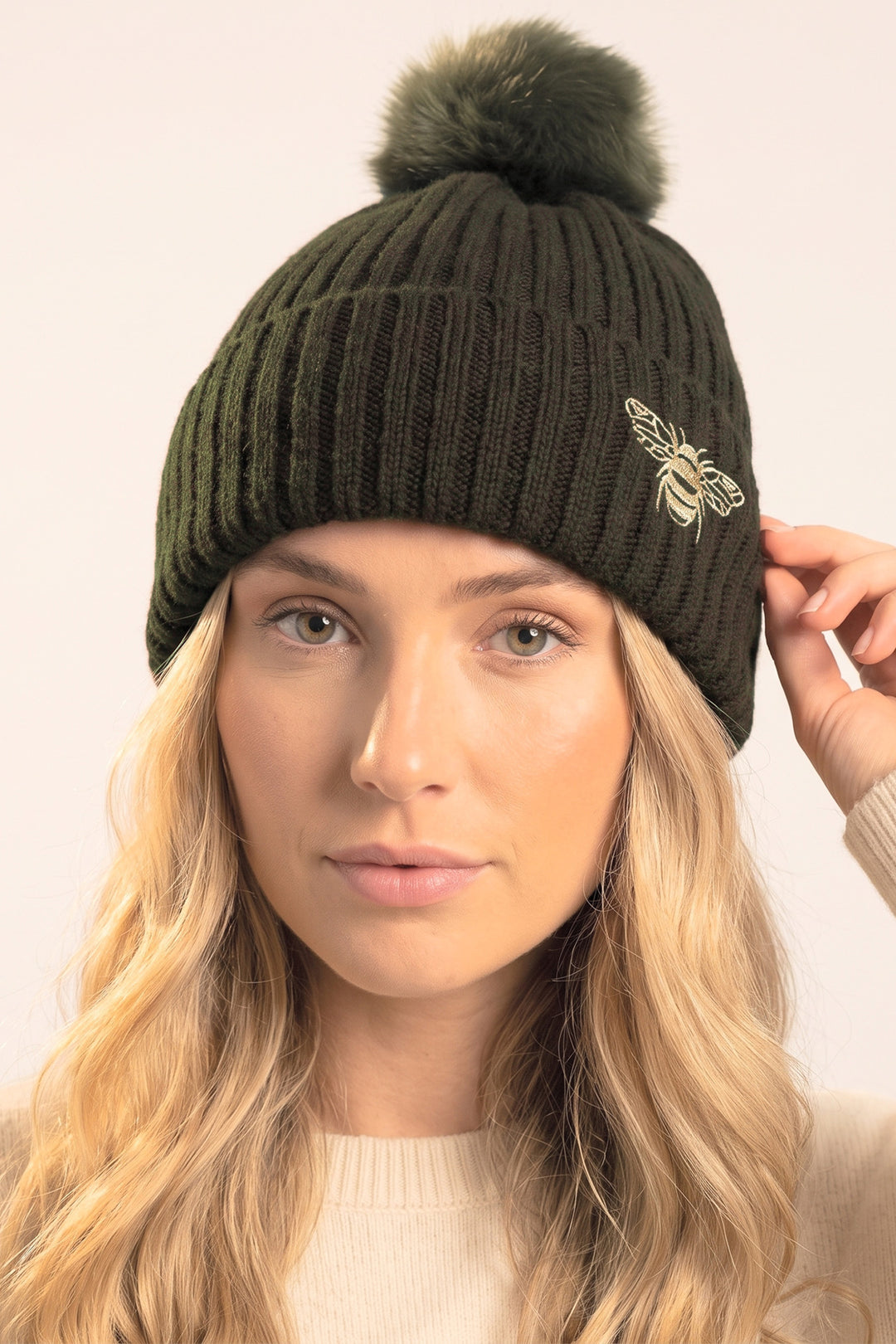 khaki-pom-pom-hat-embroidered-bee
