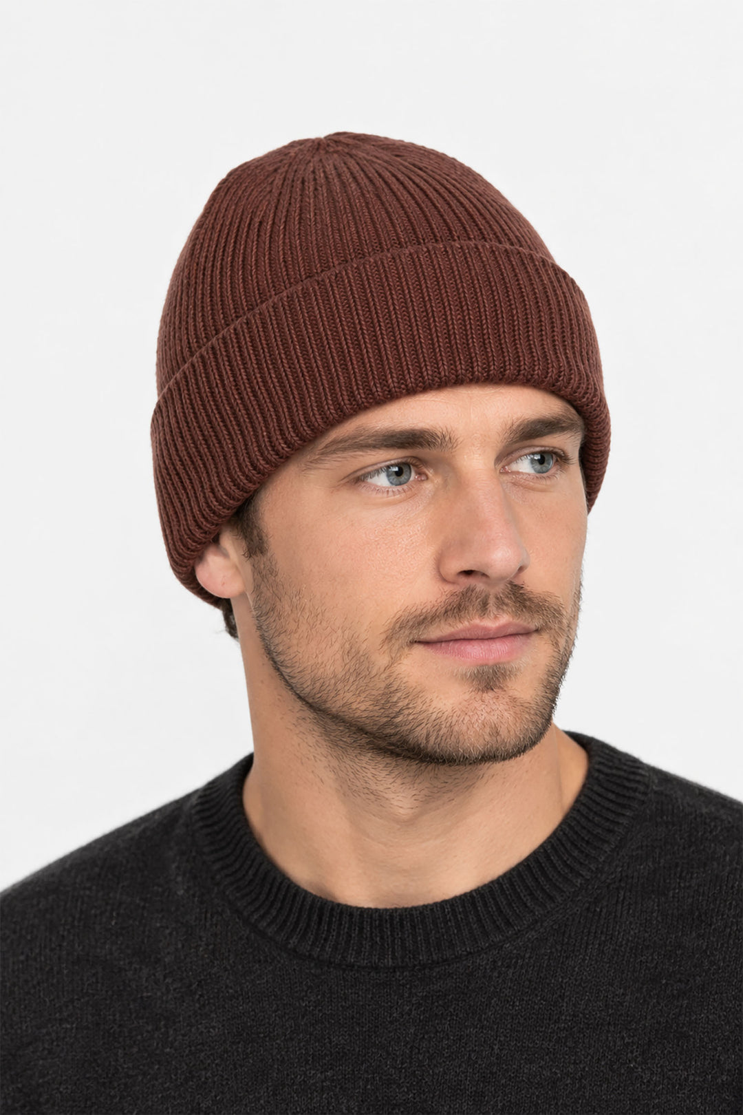 Ribbed-Knit-Men's-Beanie-Hat-in-Brown