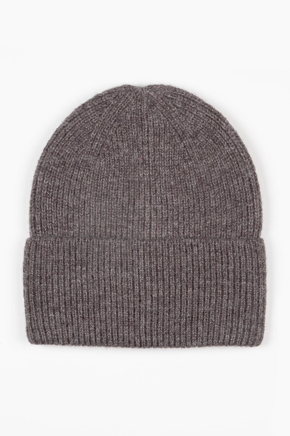 plain dark grey knitted beanie hat with a foldable brim