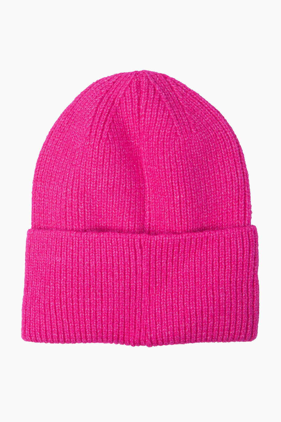 plain fuchsia pink knitted beanie hat with a foldable brim