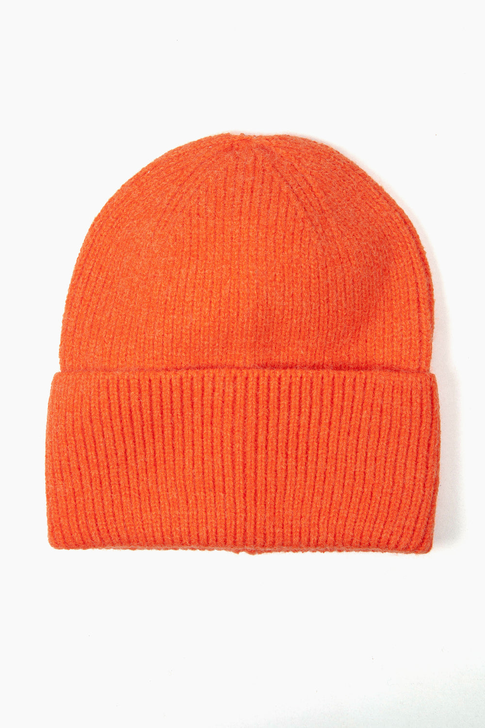 plain bright orange knitted beanie hat with a foldable brim