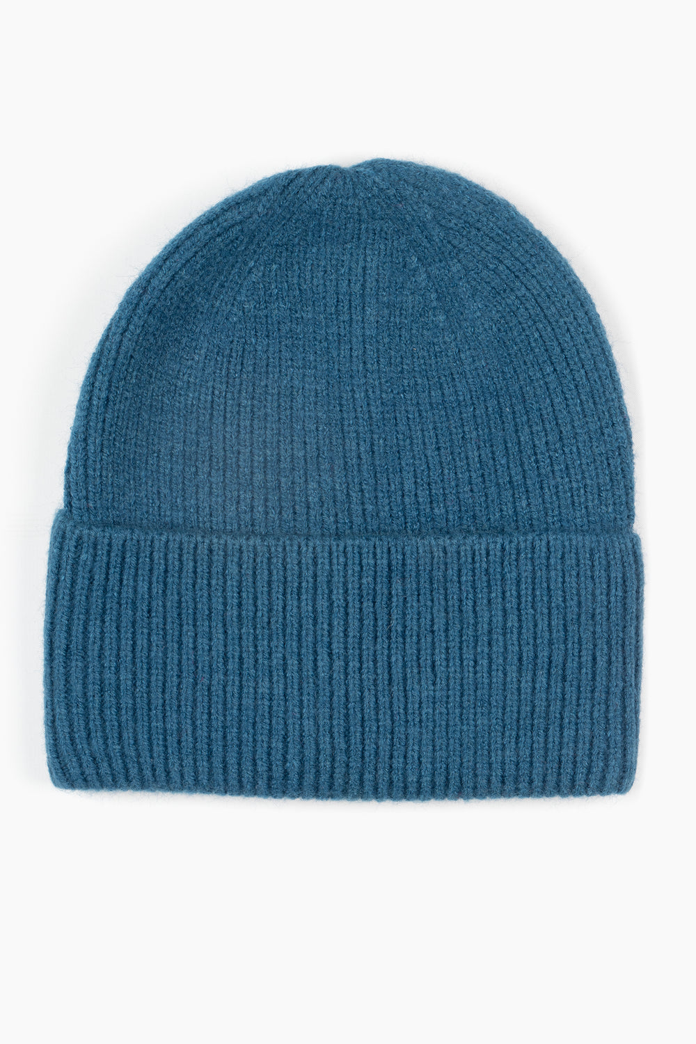 plain teal blue knitted beanie hat with a foldable brim