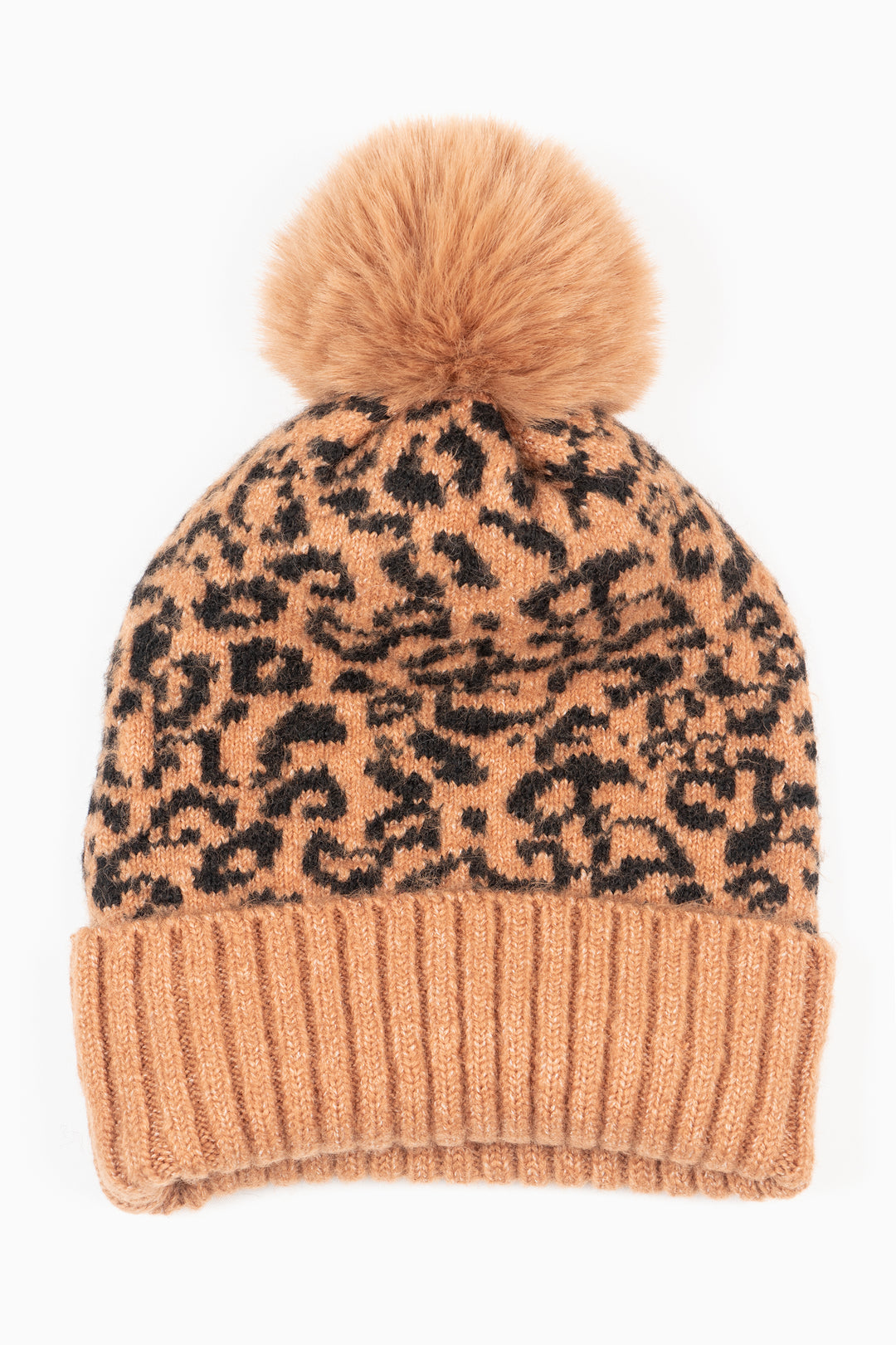 camel neutral animal print knitted bobble hat with a ribbed brim and matching khaki pom pom.