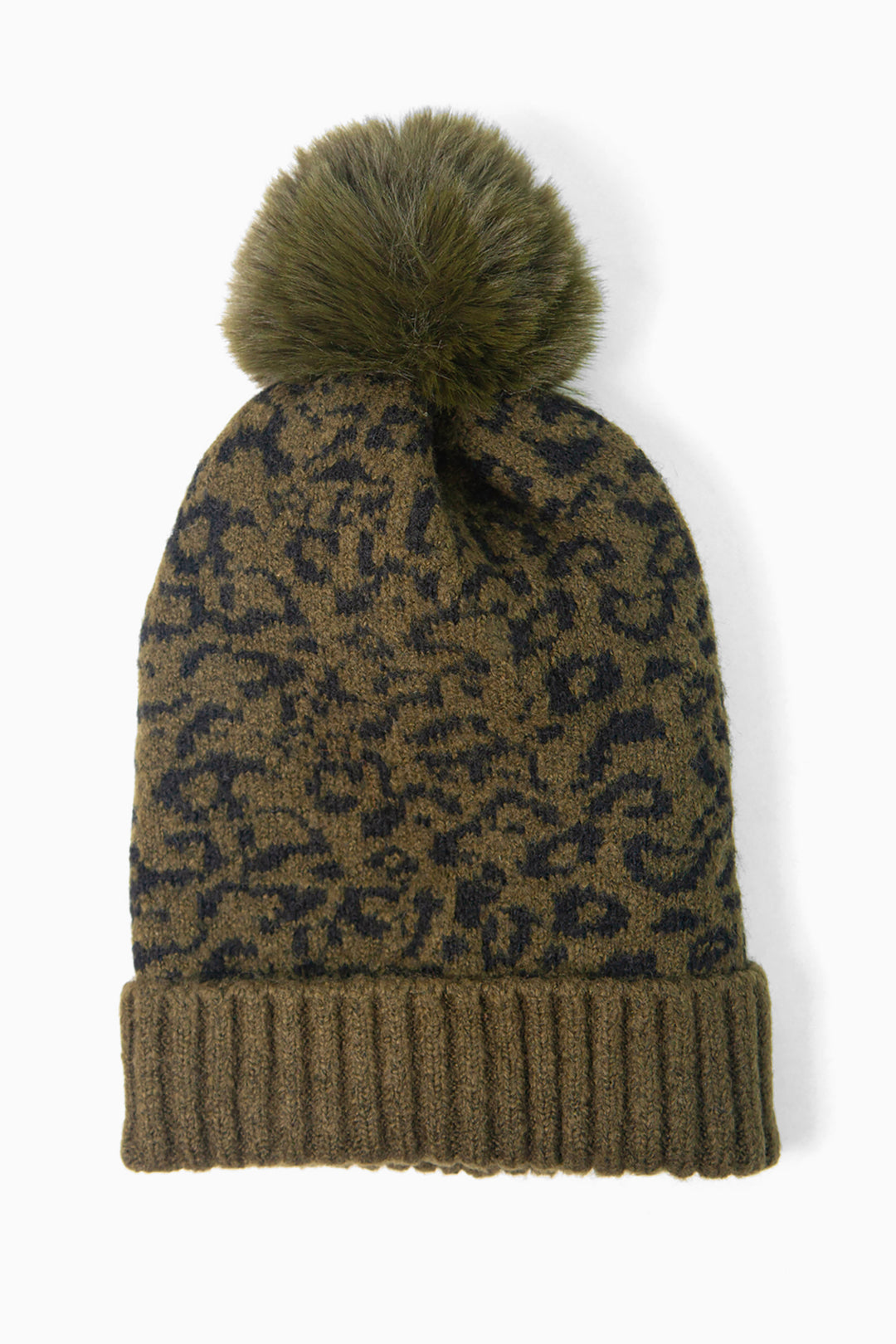 khaki green animal print knitted bobble hat with a ribbed brim and matching khaki pom pom.