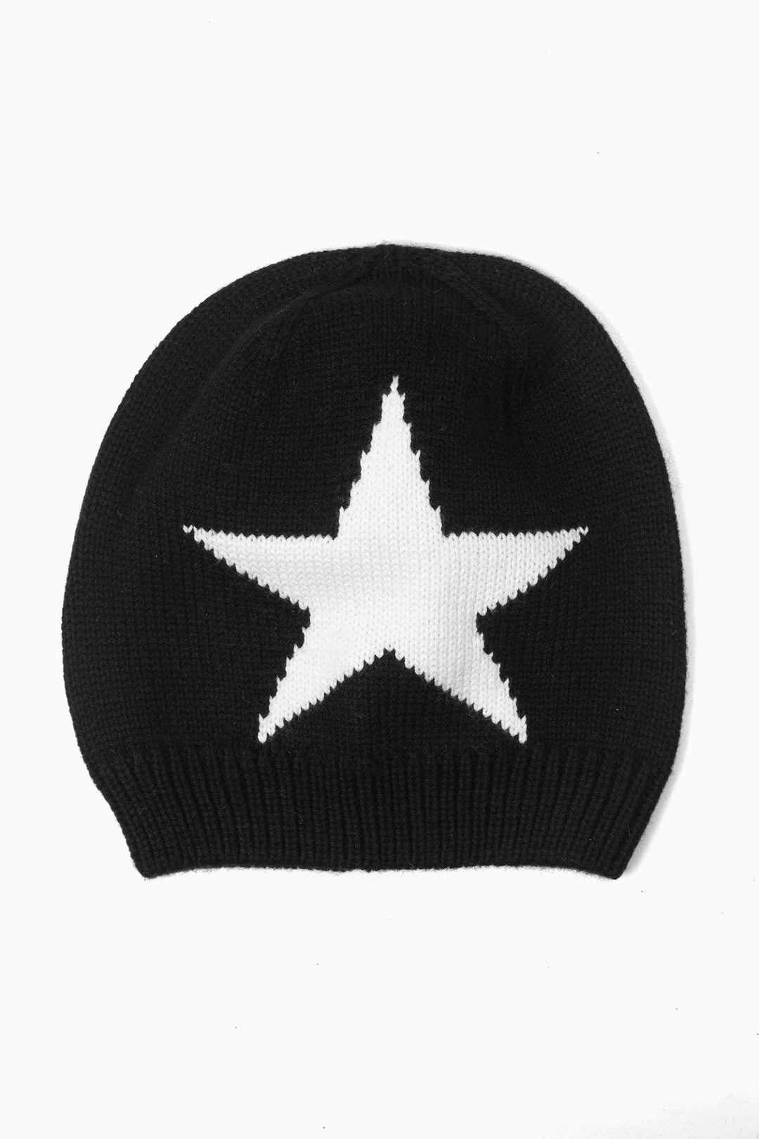 black beanie knitted hat with a large white five pointed star on the front. the star is knitted into the design.