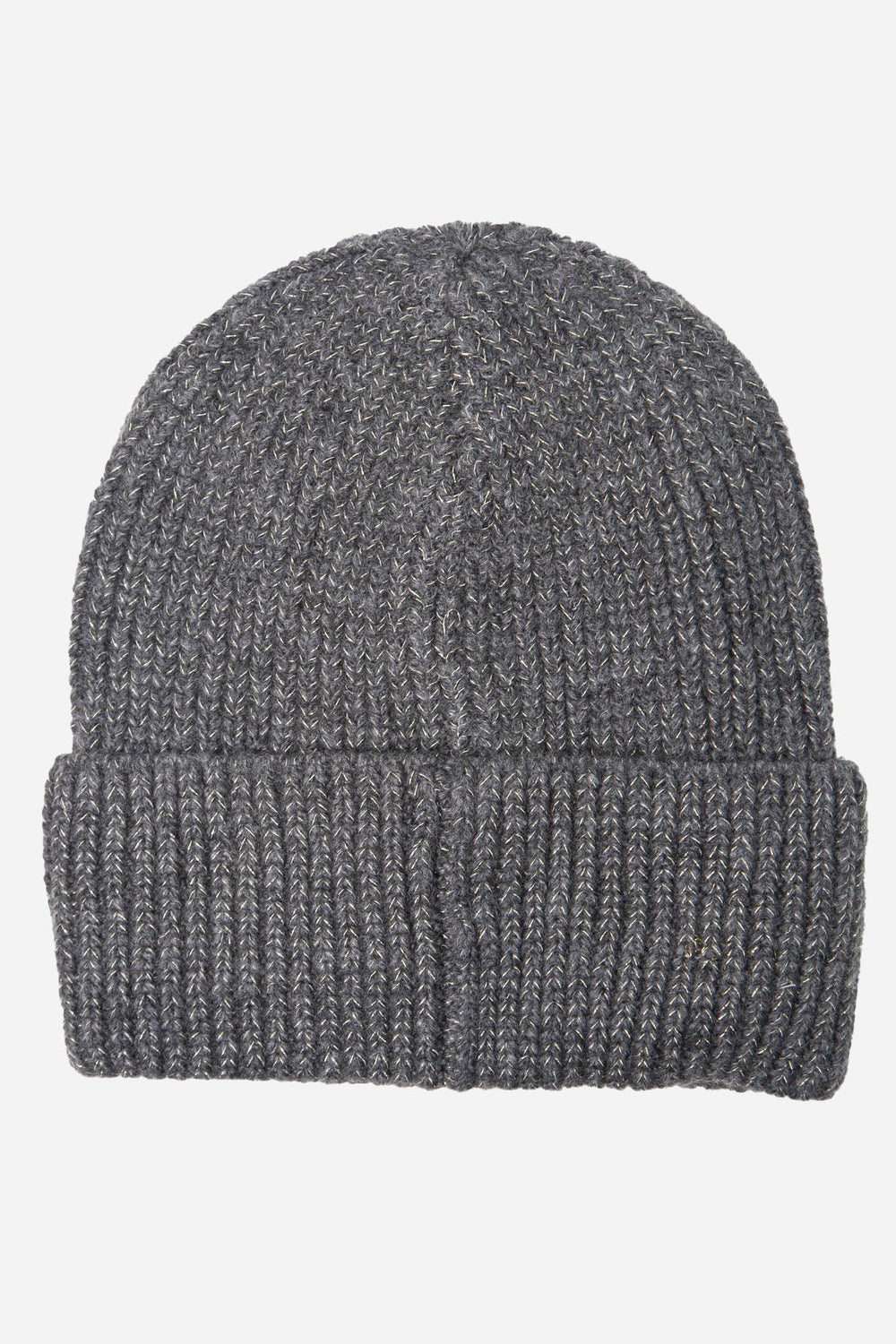 showing the grey beanie hat laying flat, it has a ribbed knitted design and a foldable brim