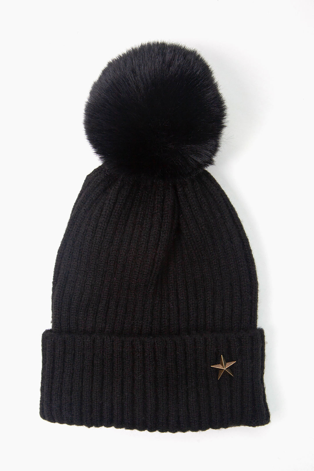 black ribbed beanie hat with a pom pom on top and a gold coloured metal star motif on the cuff of the hat