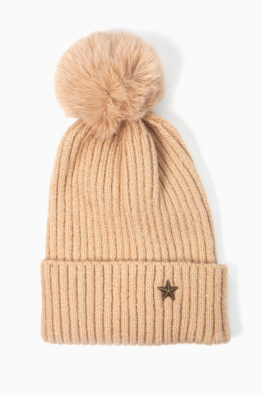 camel neutral ribbed beanie hat with a pom pom on top and a gold coloured metal star motif on the cuff of the hat