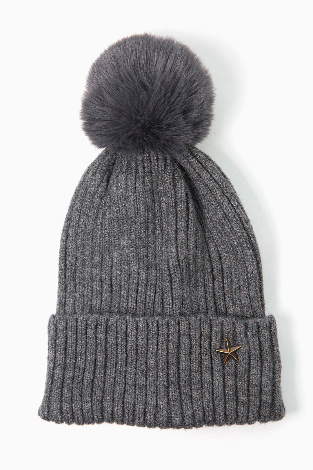 dark grey ribbed beanie hat with a pom pom on top and a gold coloured metal star motif on the cuff of the hat