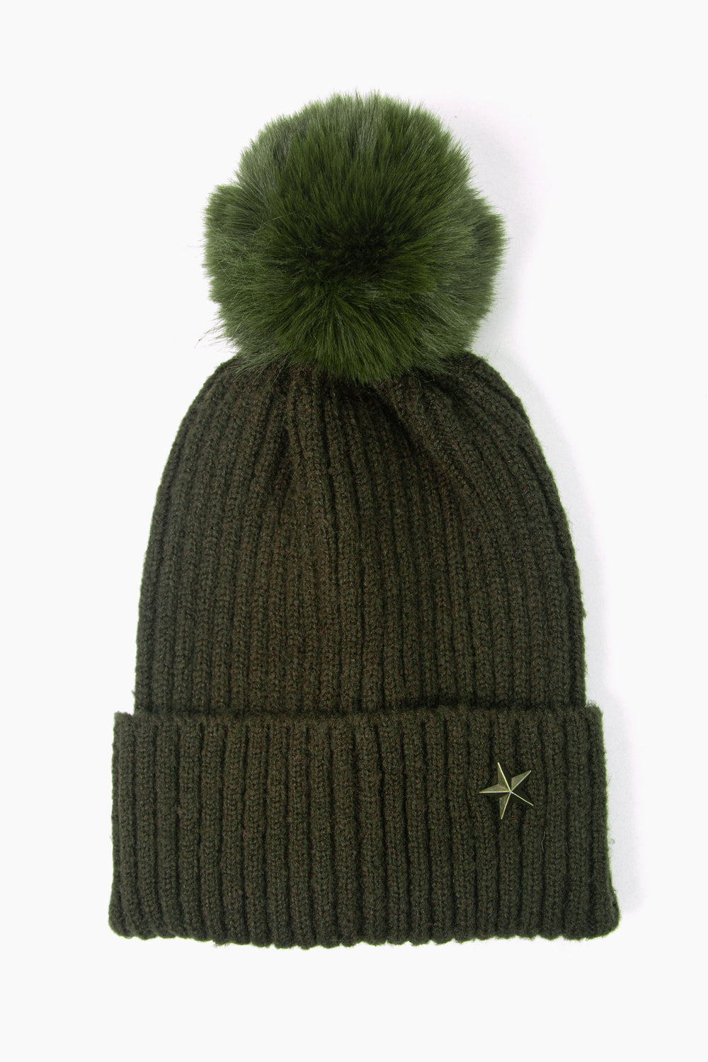 khaki green ribbed beanie hat with a pom pom on top and a gold coloured metal star motif on the cuff of the hat