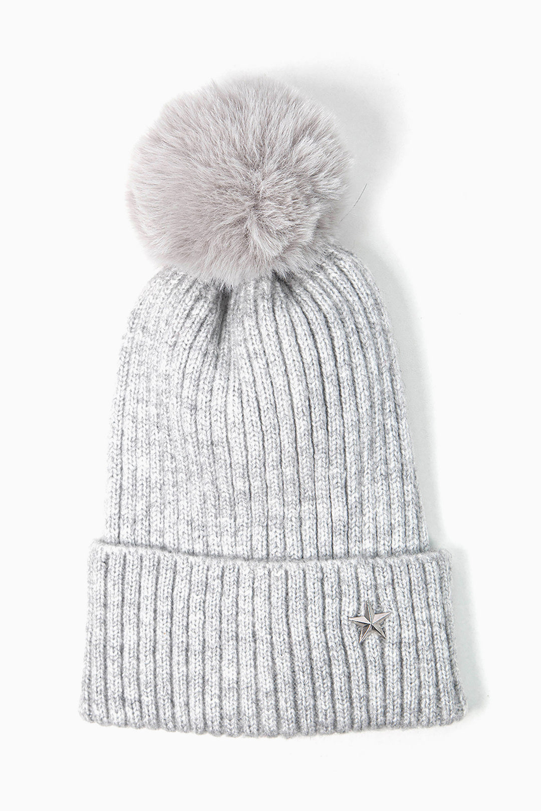 light grey ribbed beanie hat with a pom pom on top and a silver coloured metal star motif on the cuff of the hat