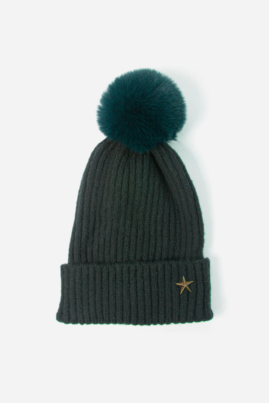 Forest Green Metal Star Pom Pom Hat with Antique Gold Star