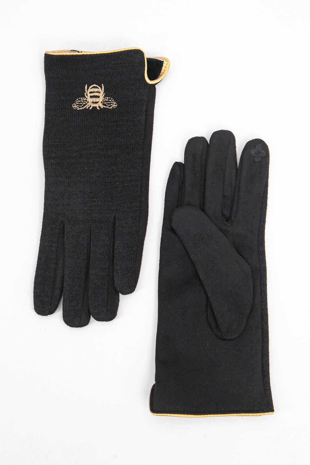 showing the palm and the back of the gloves, the inner index finger has an embroidered flower on the finger tip, this is to allow the wearer to use a touch screen device when wearing the gloves.