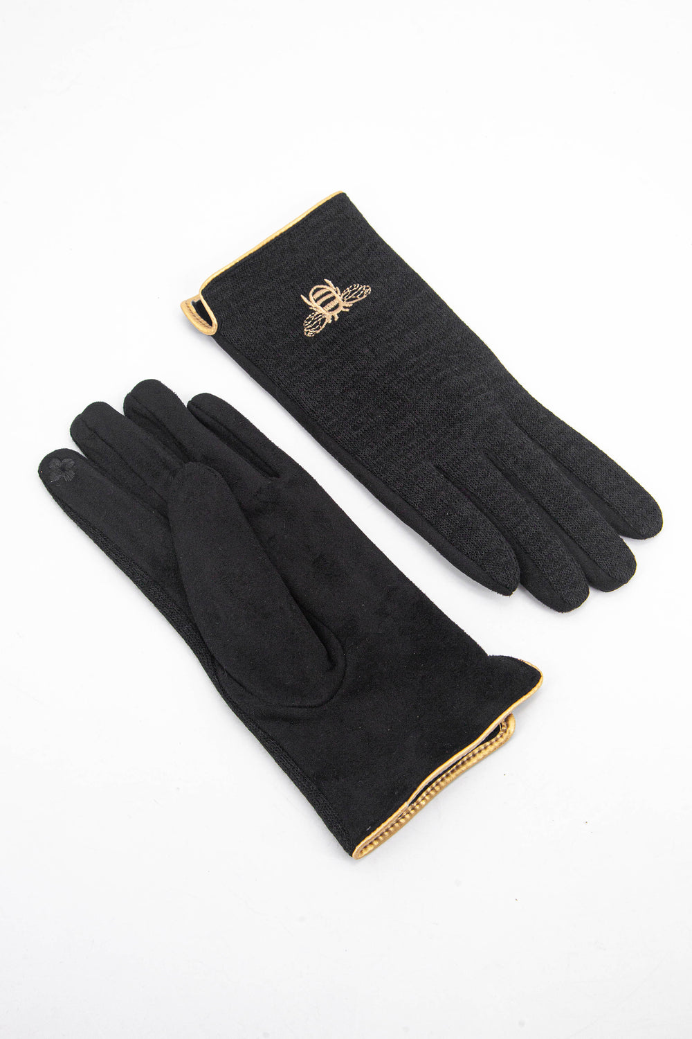 black winter gloves with a touch screen sensitive index finger, gold trim around the wrist and a gold embroidered bee on the back of the wrist.