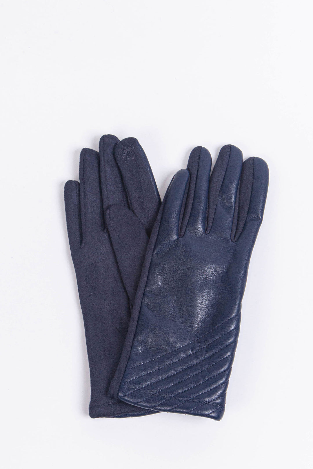 navy blue faux leather gloves with diagonal stitching on the wrists, the gloves have an embroidered detail on the index finger making them touch screen compatible