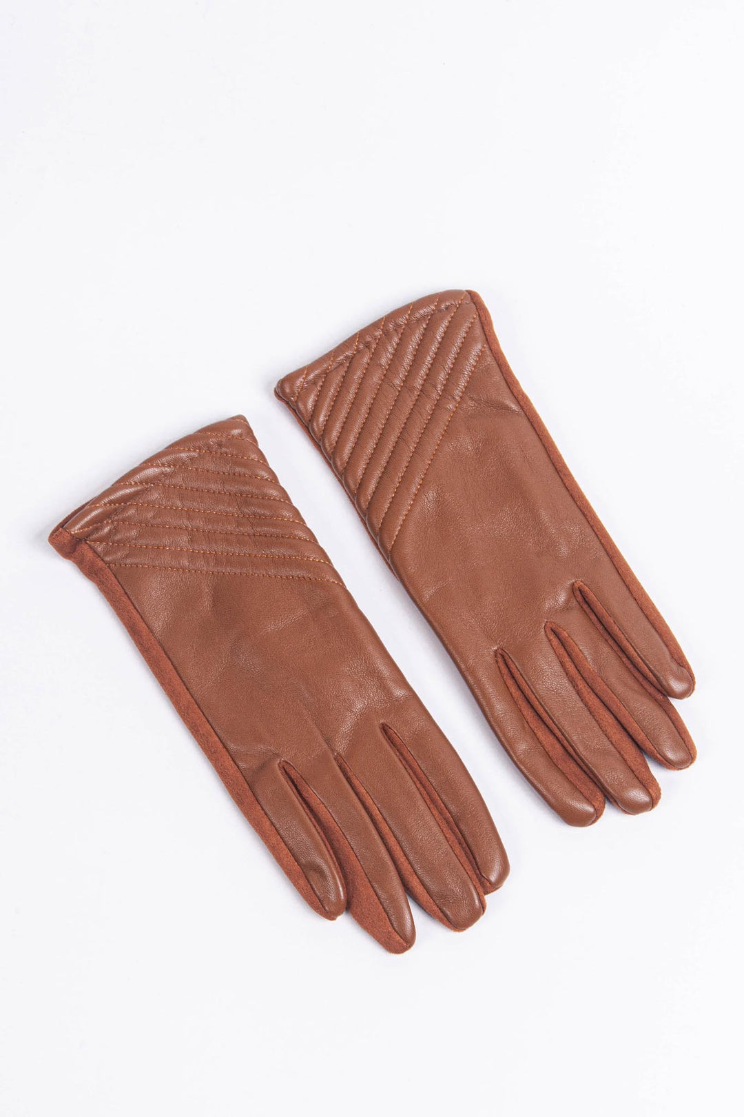 plain tan faux leather gloves with diagonal stitching on the wrist