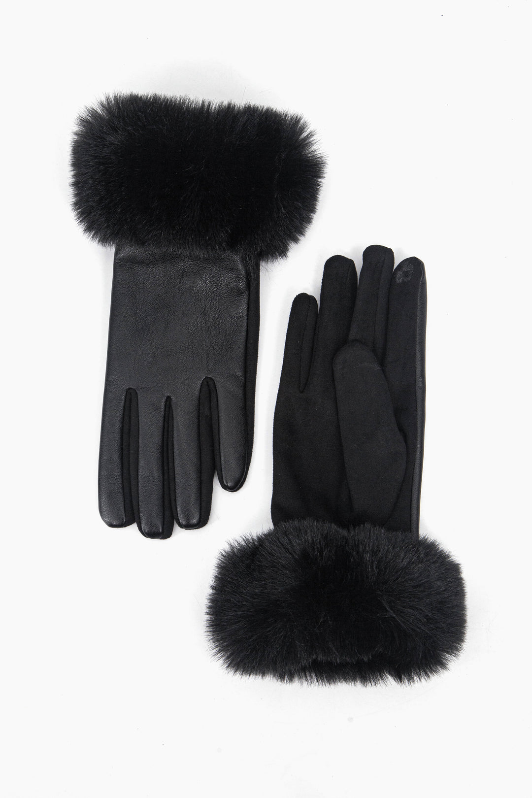 black touch screen winter gloves with a faux fur trim around the wrist