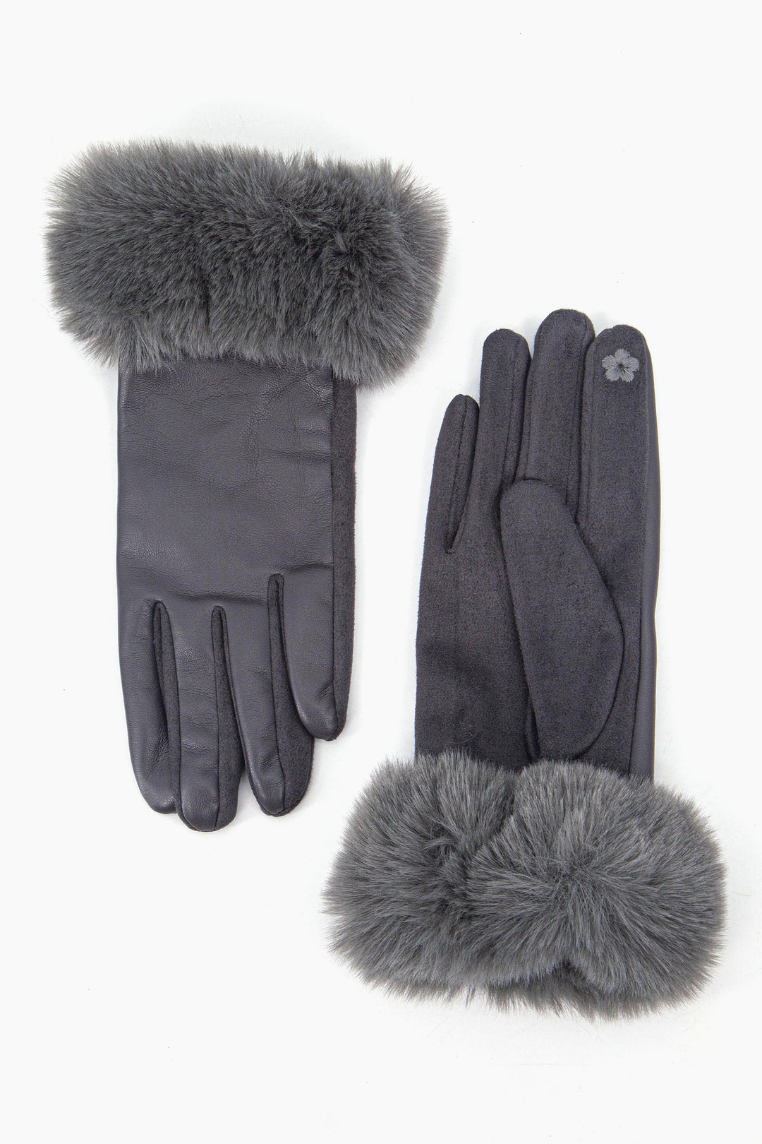 dark grey touch screen winter gloves with a faux fur trim around the wrist