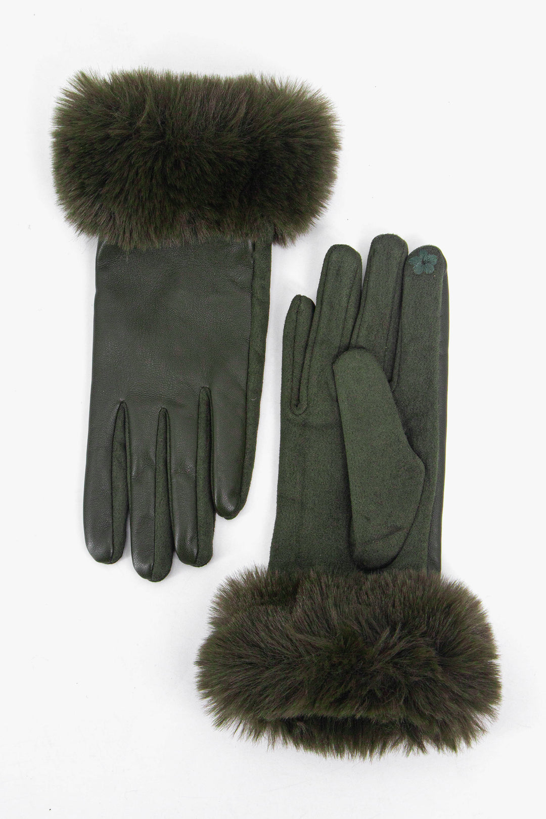 khaki green touch screen winter gloves with a faux fur trim around the wrist