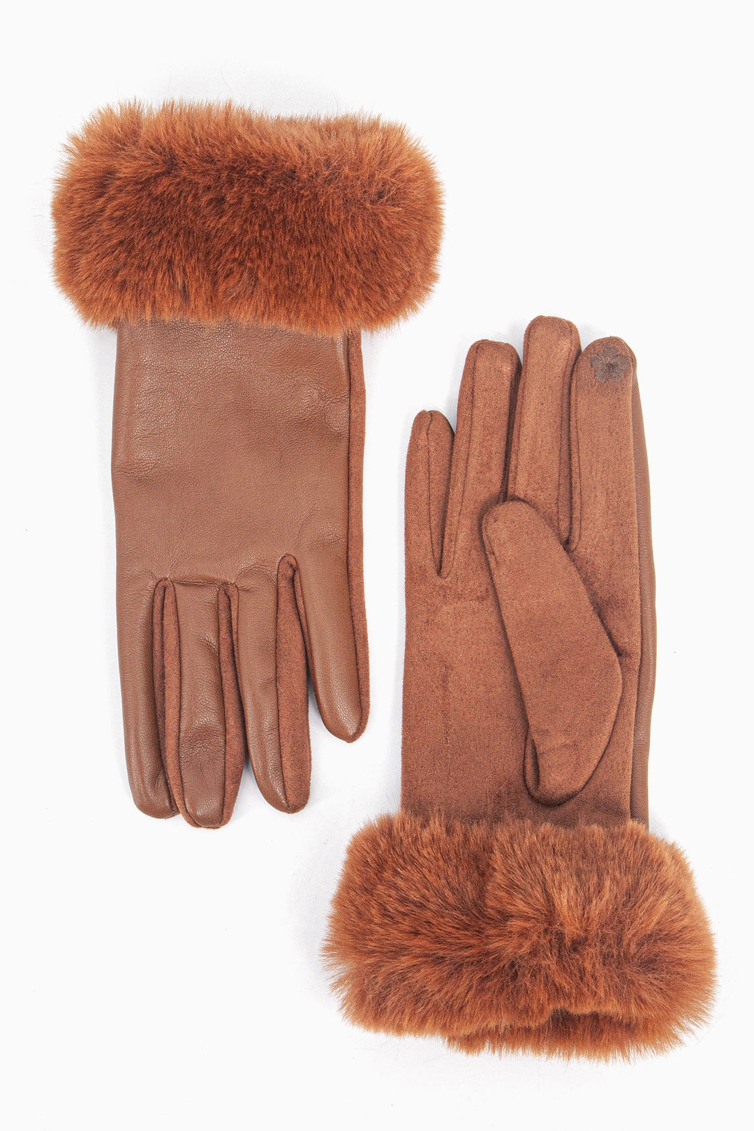 tan touch screen winter gloves with a faux fur trim around the wrist