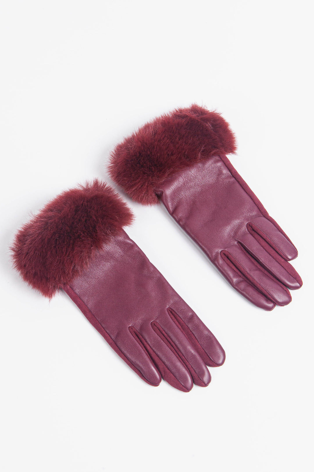 a view from above, cranberry red faux leather winter gloves with faux fur trim