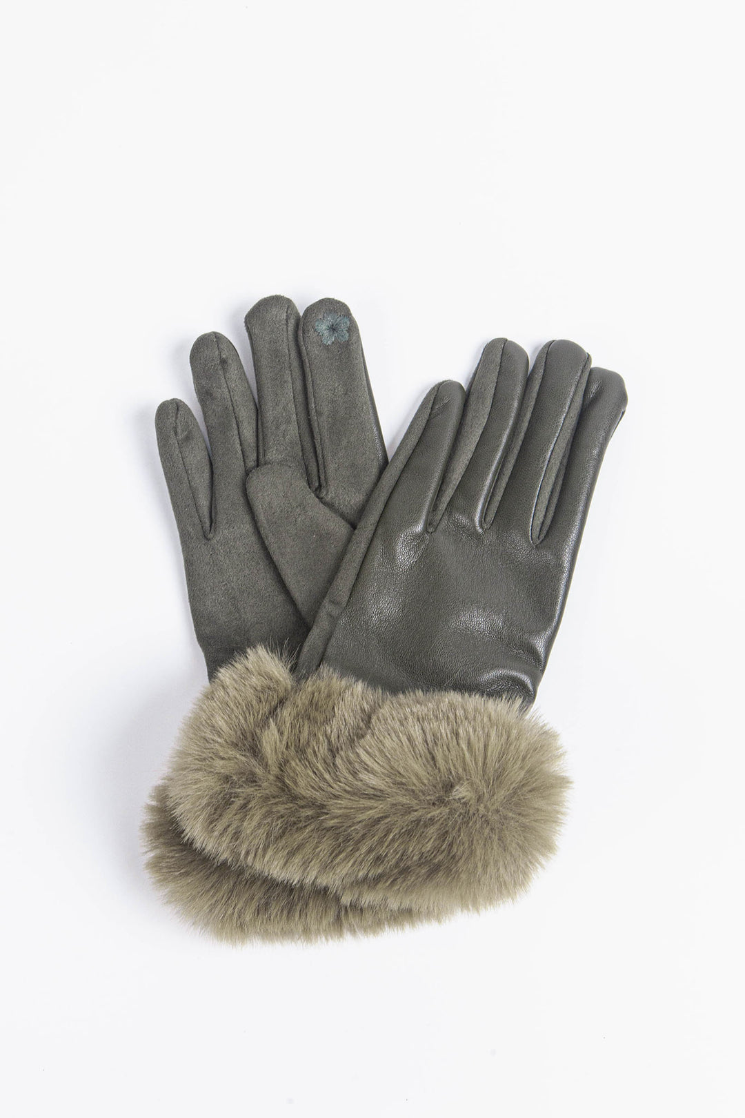 Khaki PU with Faux Fur Trim Gloves