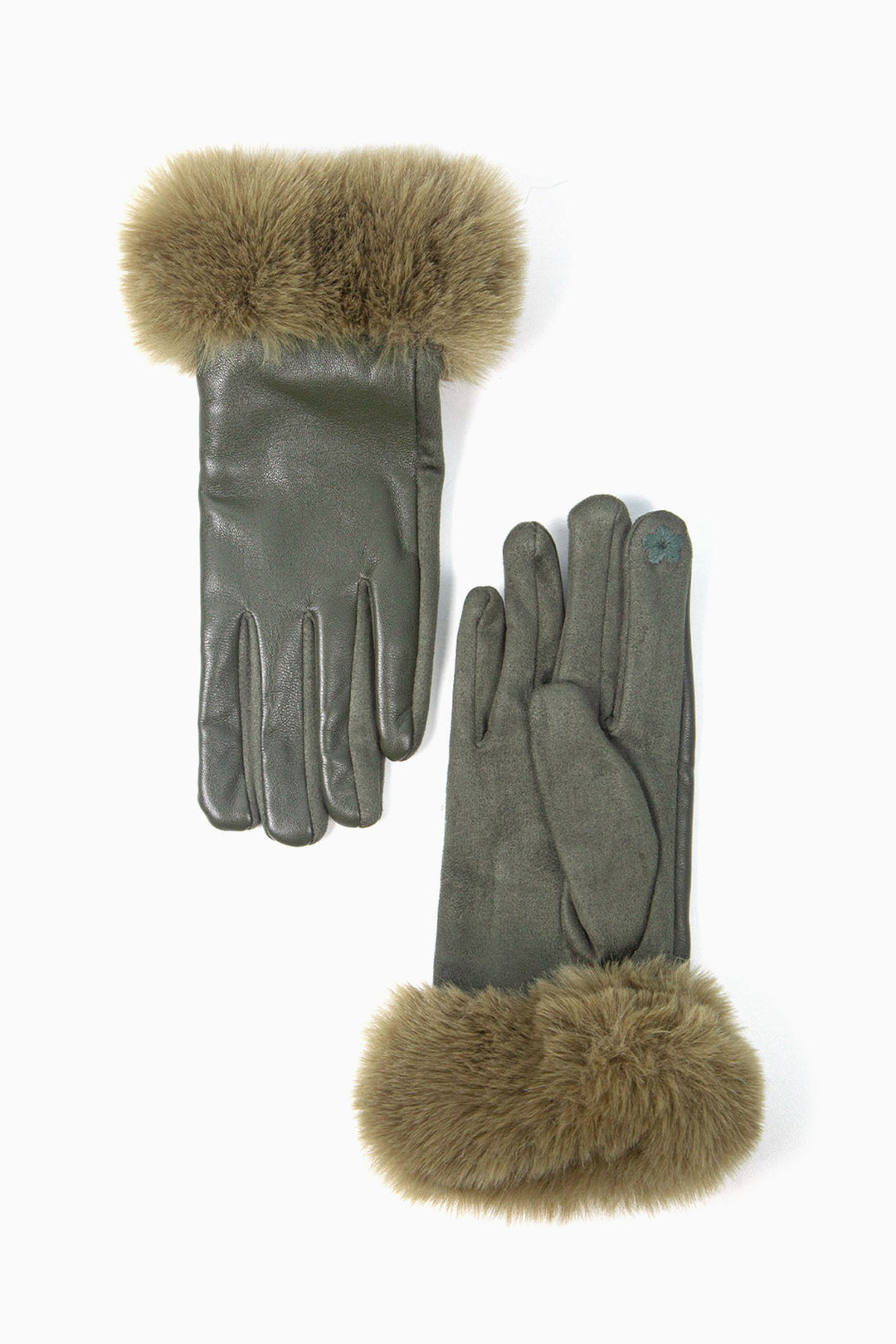 Khaki PU with Faux Fur Trim Gloves