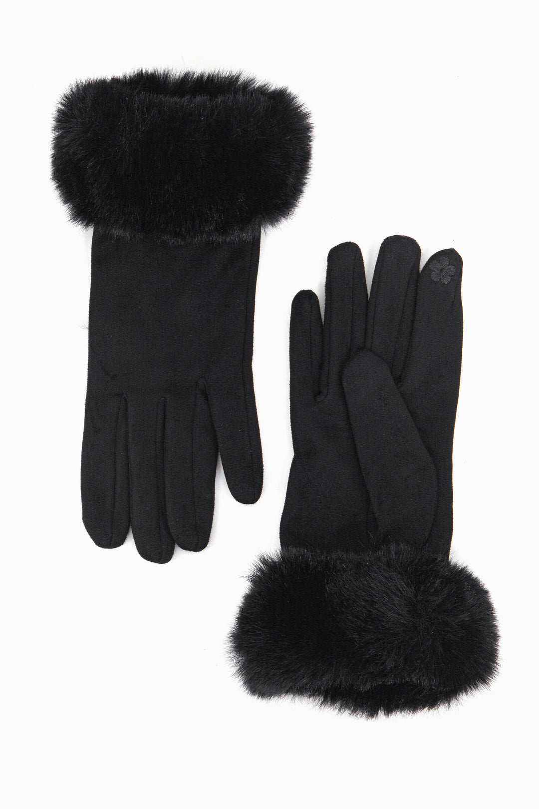 black touch screen velvet winter gloves with a faux fur trim around the wrist