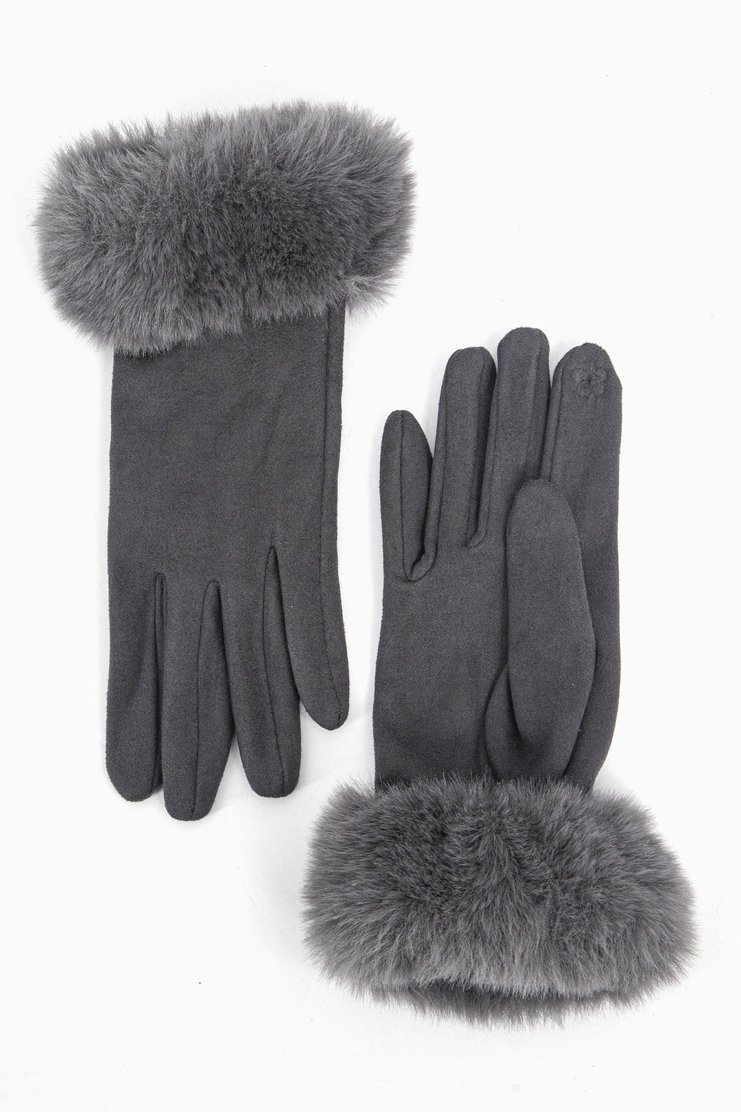 dark grey touch screen velvet winter gloves with a faux fur trim around the wrist