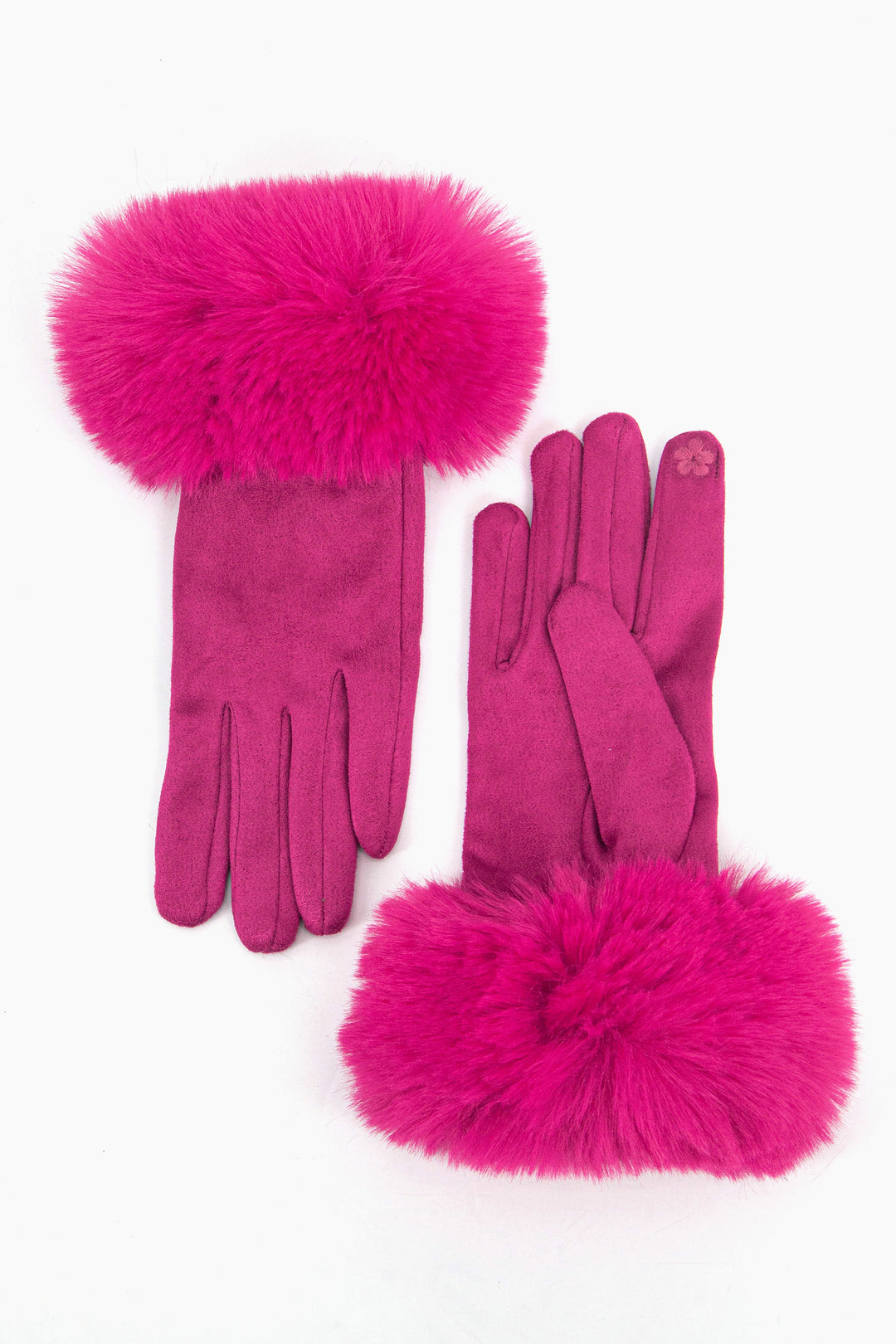 fuchsia pink touch screen velvet winter gloves with a faux fur trim around the wrist