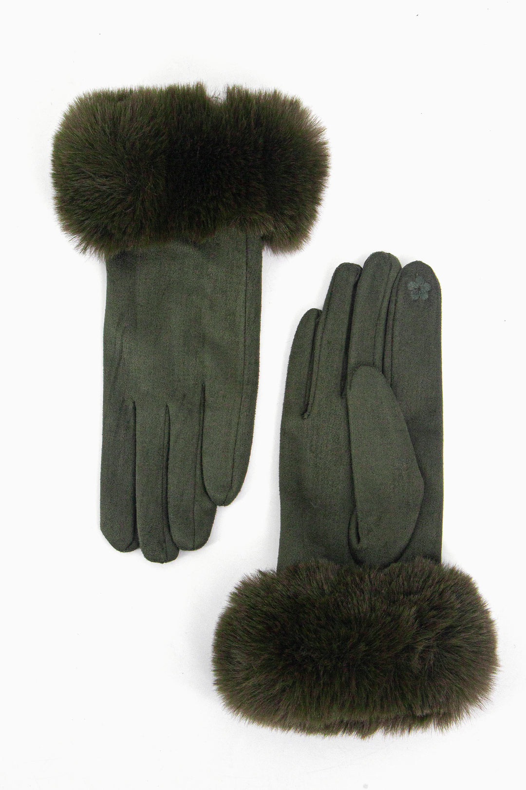 khaki green touch screen velvet winter gloves with a faux fur trim around the wrist