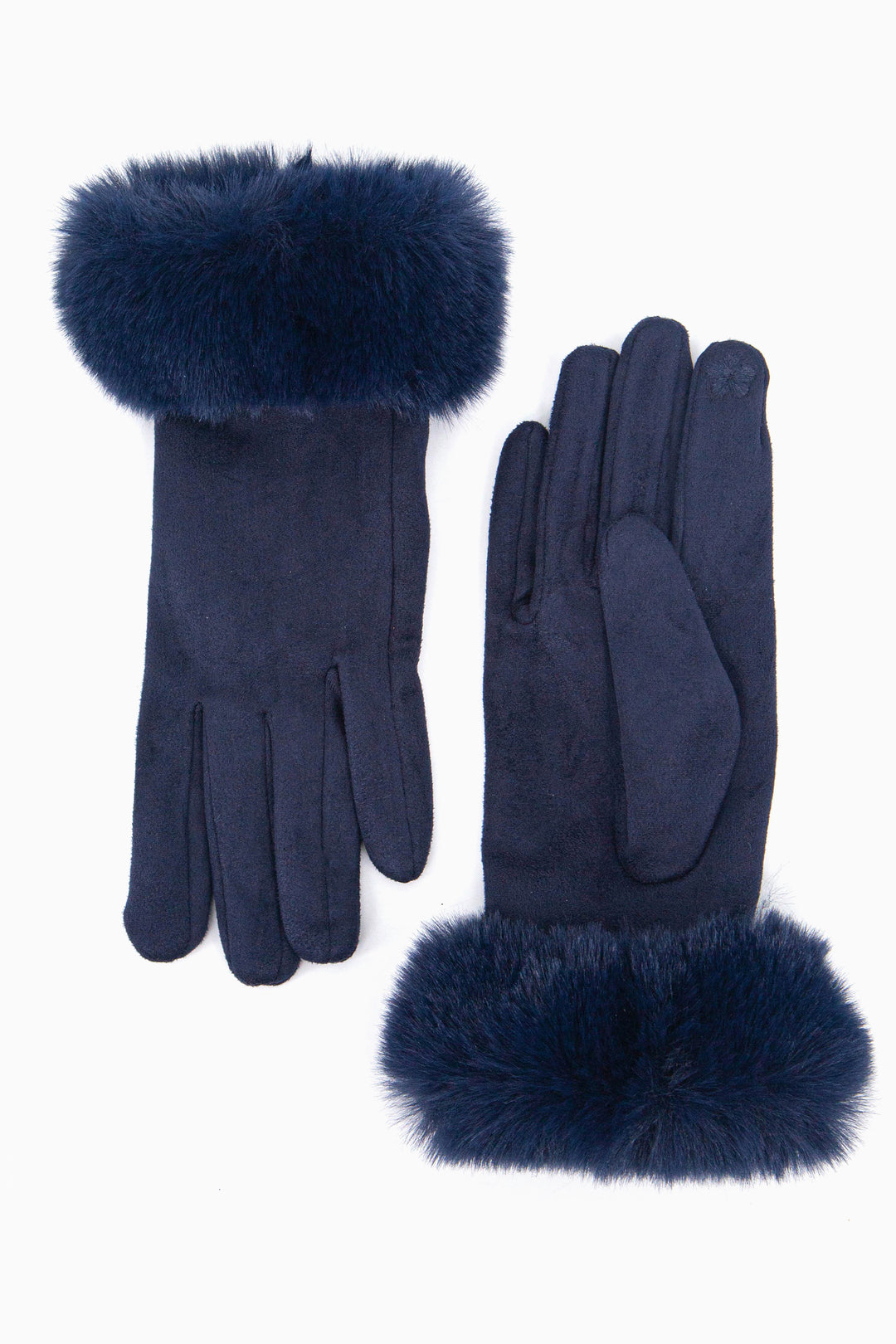 navy blue touch screen velvet winter gloves with a faux fur trim around the wrist