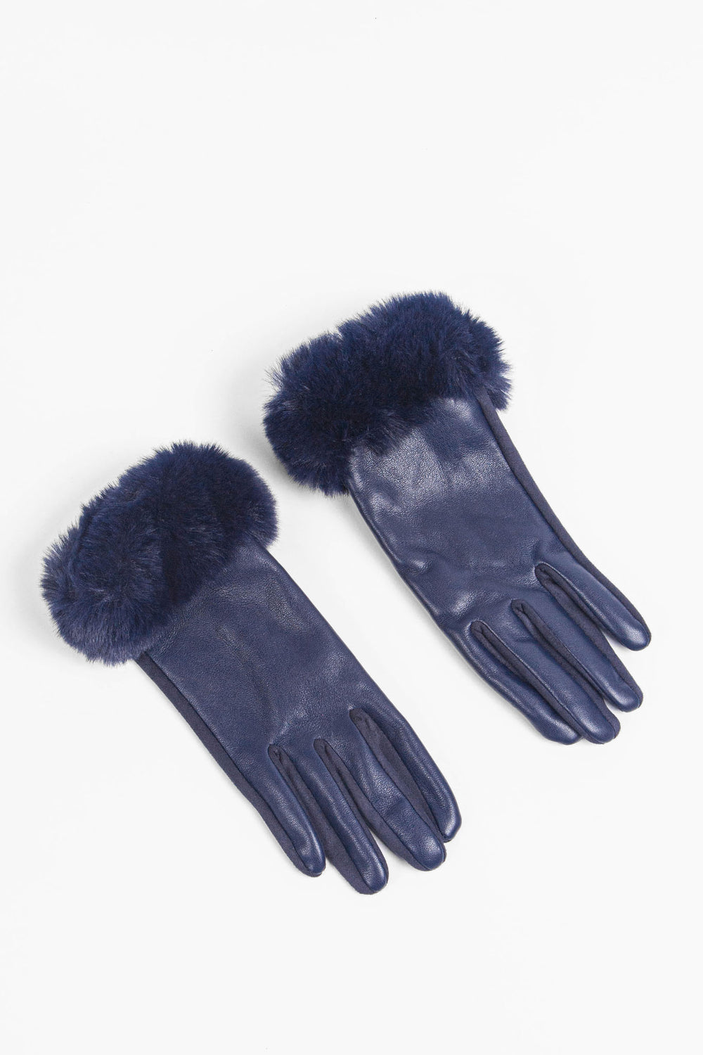 a view from above, navy blue faux leather winter gloves with faux fur trim