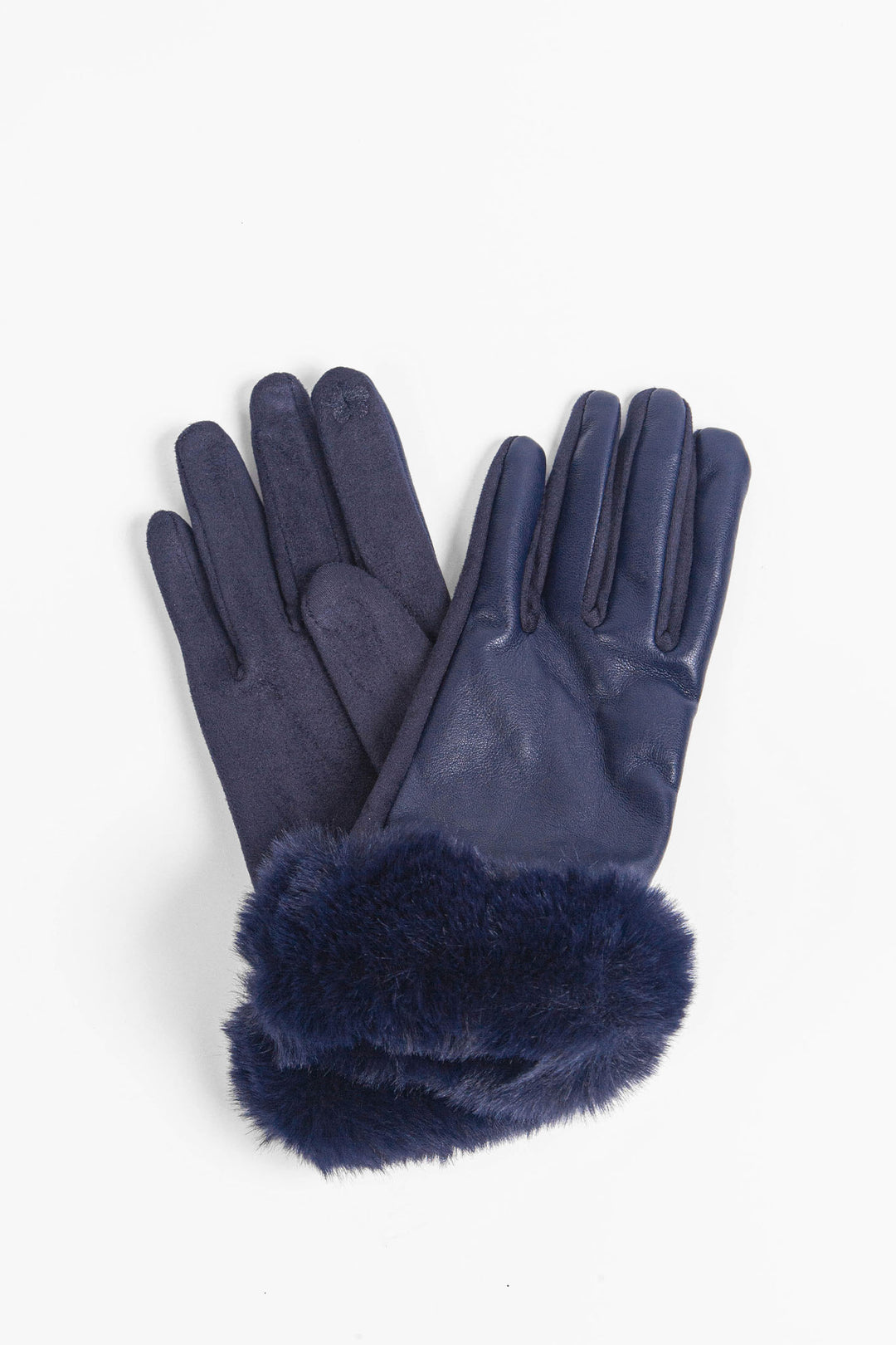 navy blue faux leather gloves with a faux fur trim around the wrist. the gloves are touch screen compatible