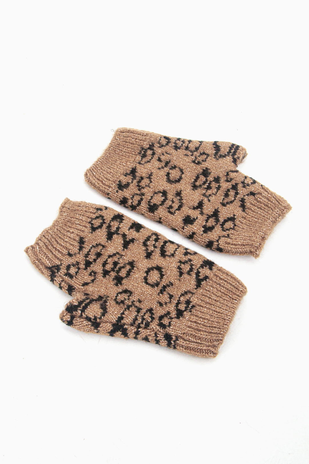 neutral leopard print knitted wrist warmers 