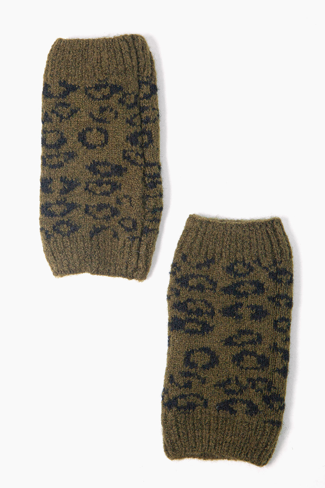 khaki green knitted wrist warmers with an leopard print pattern and ribbed cuffs.