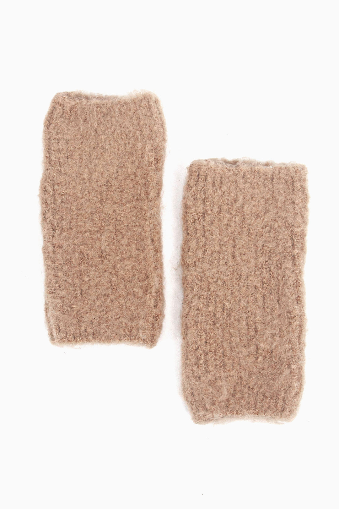 neutral camel coloured knitted wrist warmers.