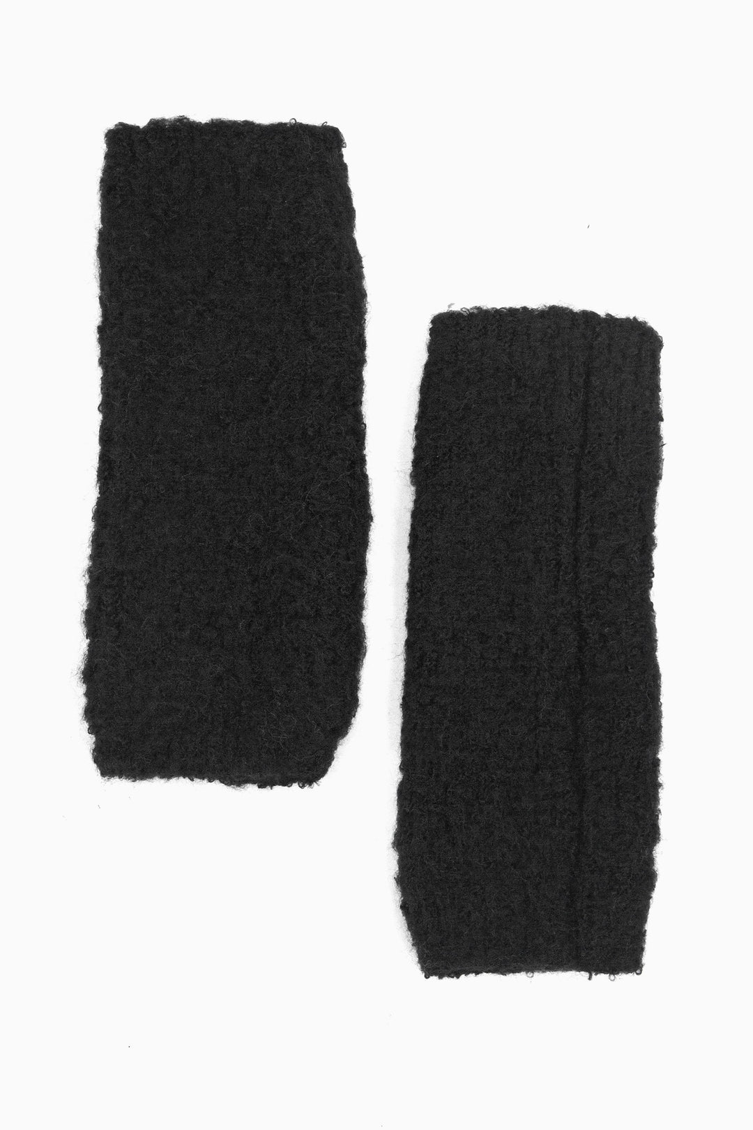 plain black coloured knitted wrist warmers.