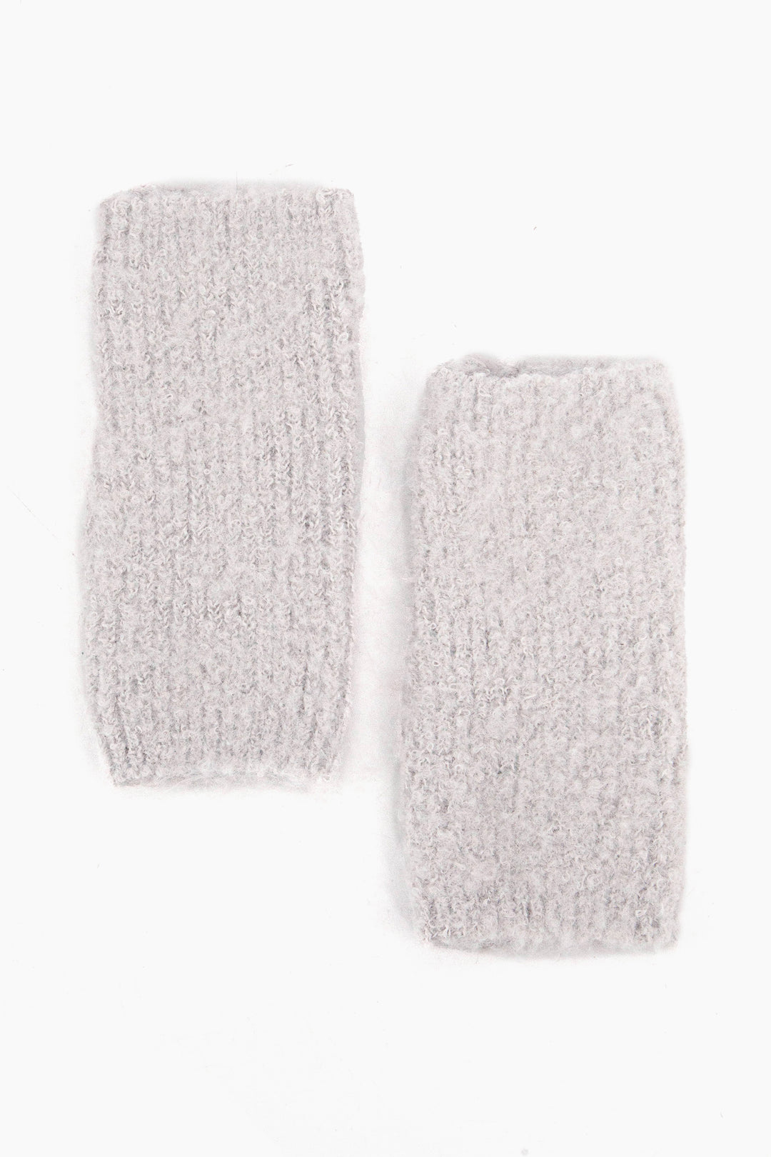 light grey coloured knitted wrist warmers.