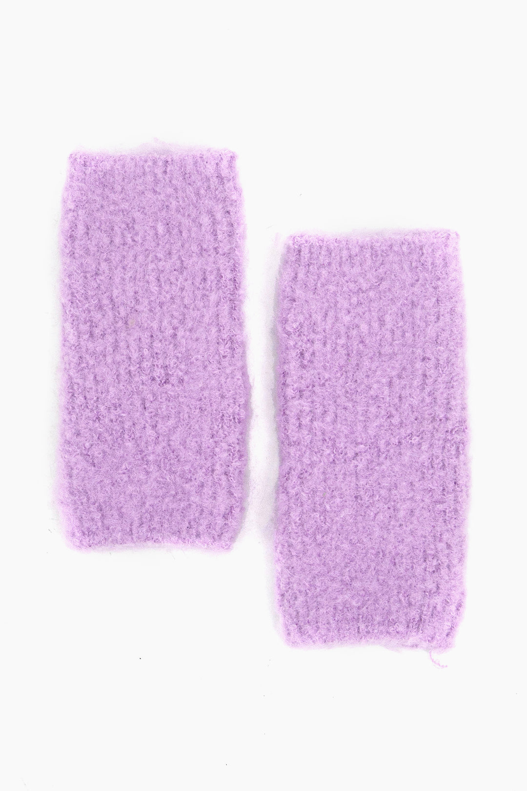 plain lilac coloured knitted wrist warmers.