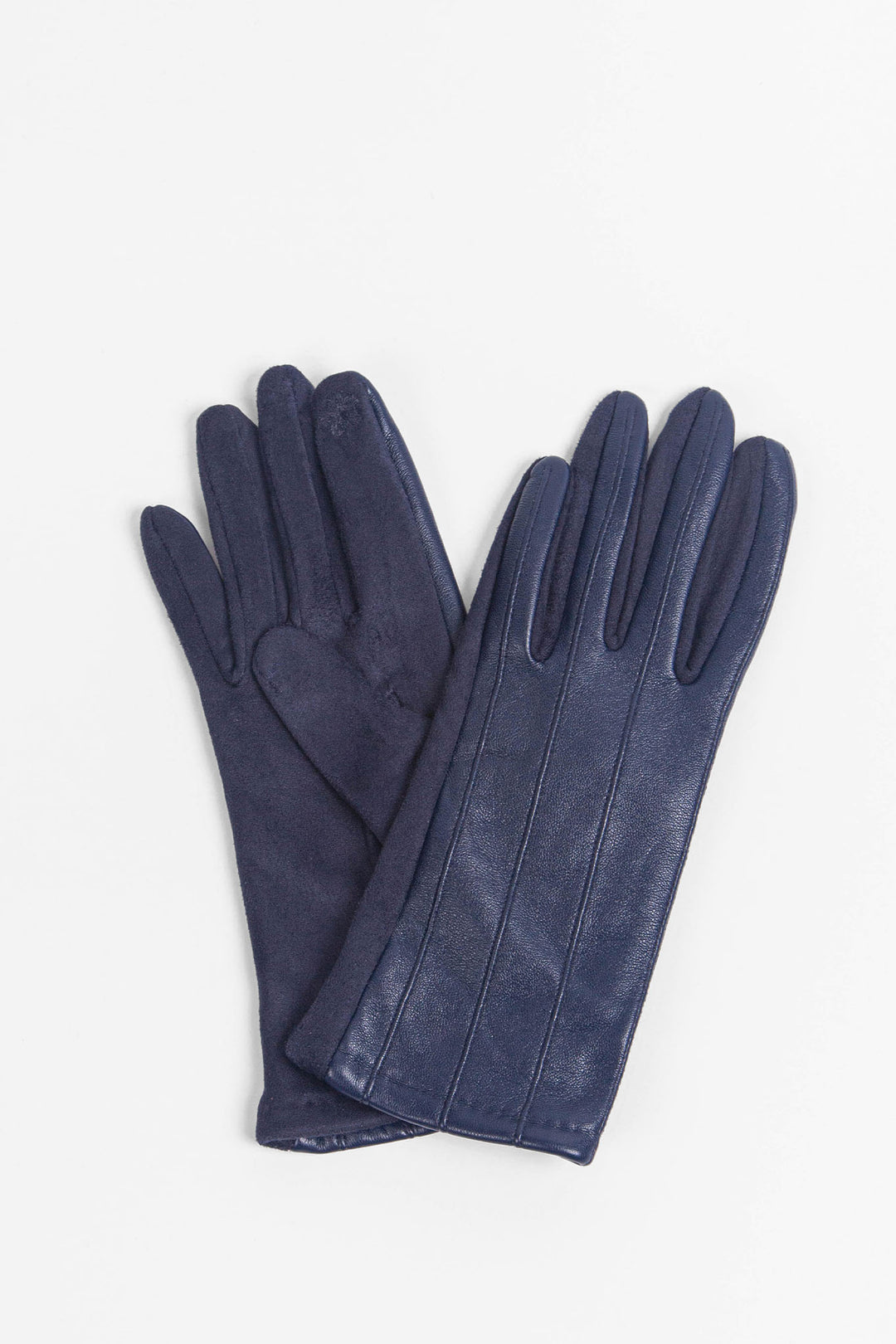 navy blue faux leather gloves with vertical  stitching on the wrists, the gloves have an embroidered detail on the index finger making them touch screen compatible