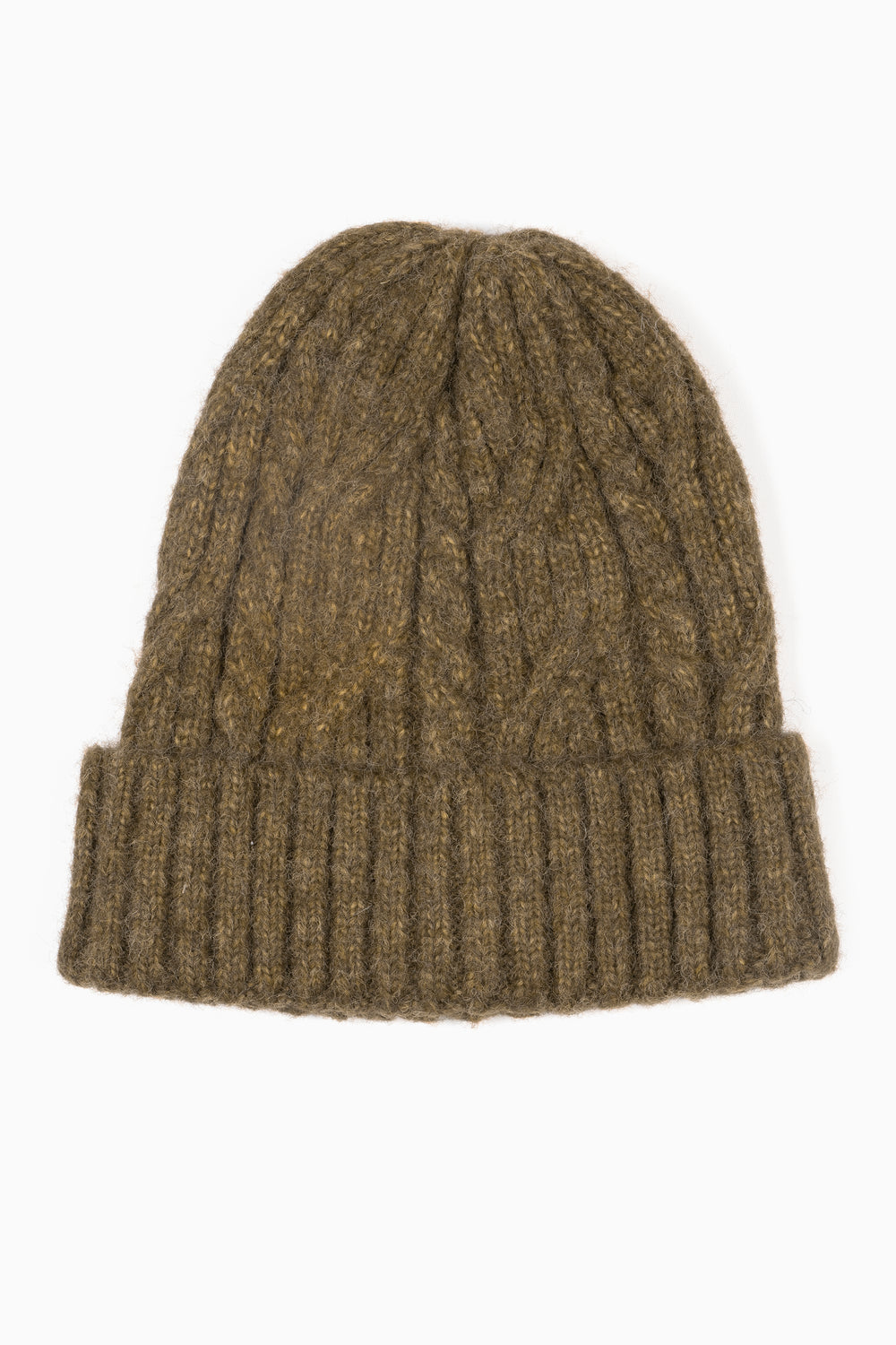 showing the khaki beanie hat laying flat, the bold cable knit design is shown, the hat also has a ribbed brim.