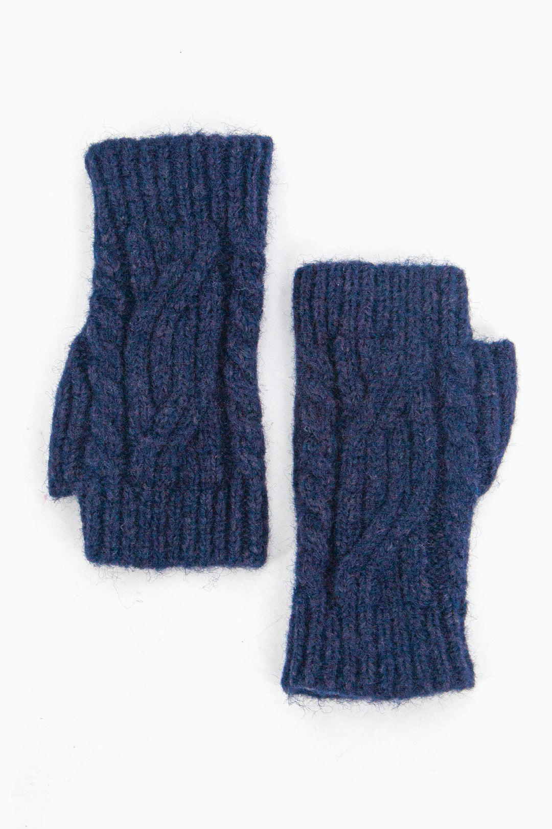 navy blue cable knit wrist warmers with thumb holes