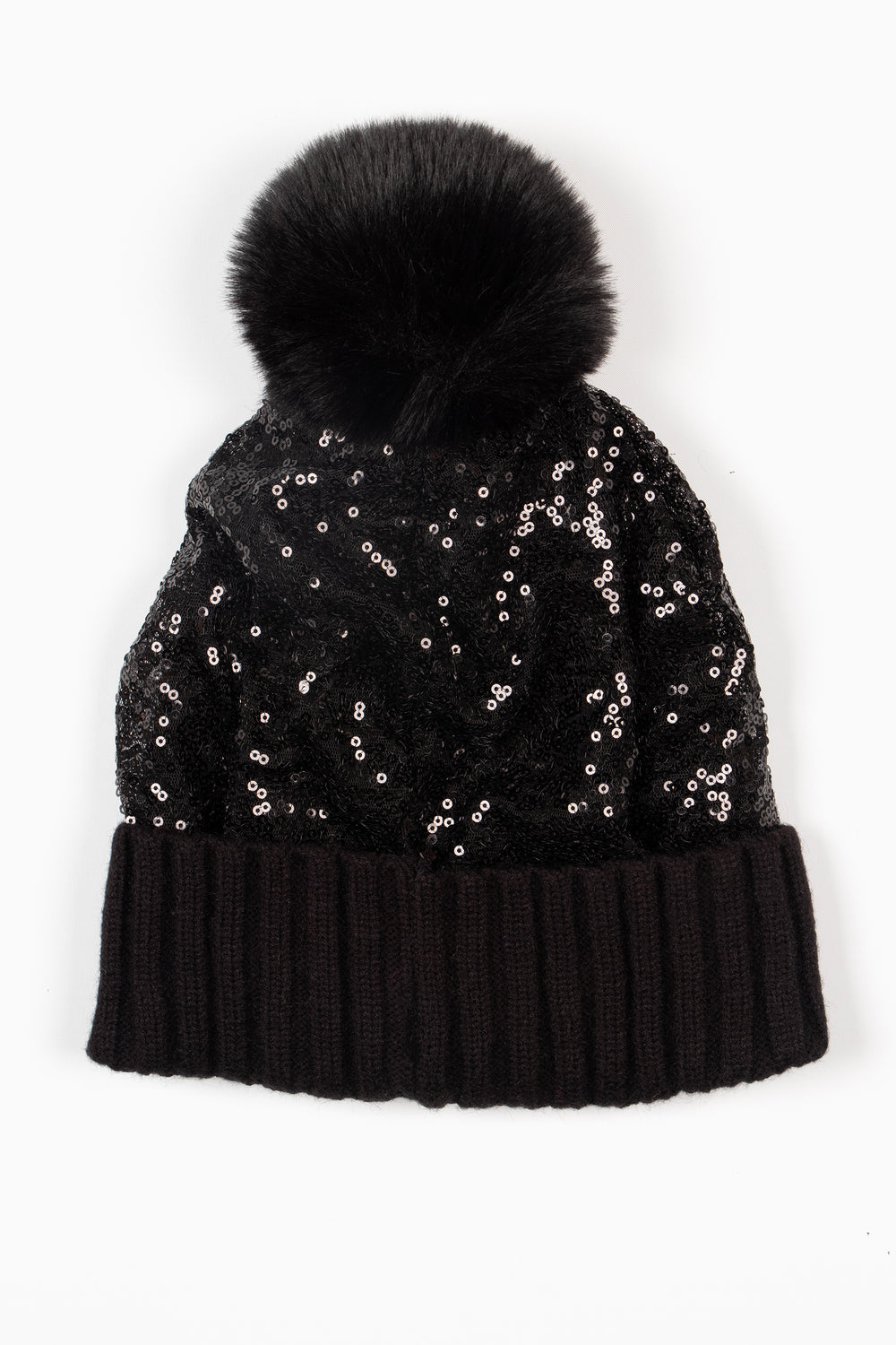 showing the black sequin beanie hat laying flat, the pom pom and trim are also black, the main part of the hat is entirely covered with sequin. 